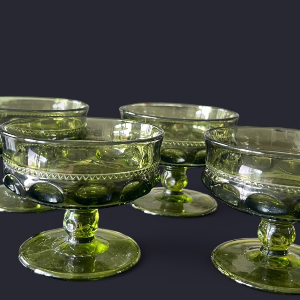 4 VINTAGE MCM Indiana Glass King's Crown Thumbprint Footed Green Sherbet Dishes - Picture 2 of 5